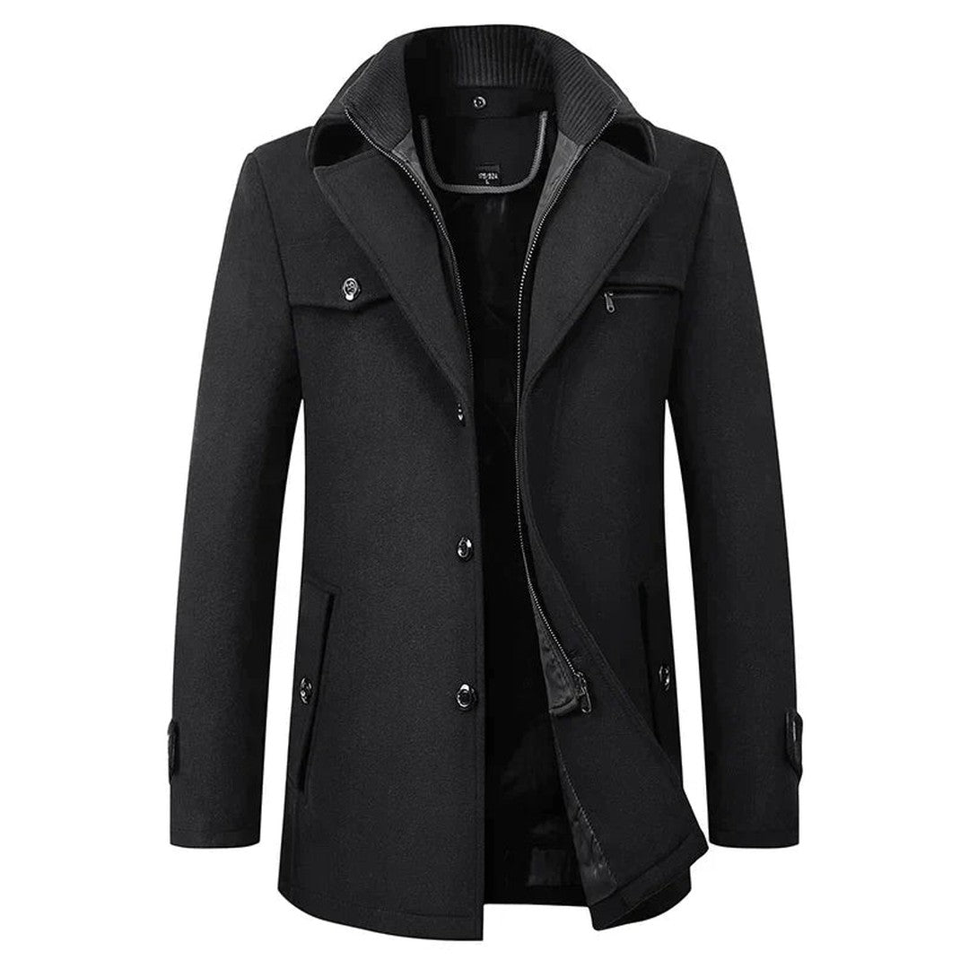 Wexcombe - Wool-Look Mid-Length Coat Double Collar Chest Zip Pocket Button Front