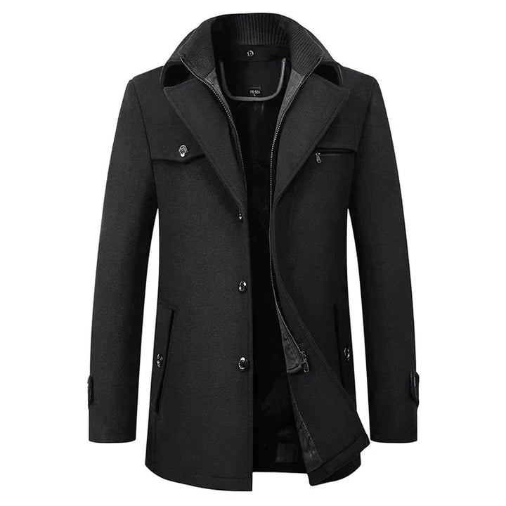 Wexcombe - Wool-Look Mid-Length Coat Double Collar Chest Zip Pocket Button Front