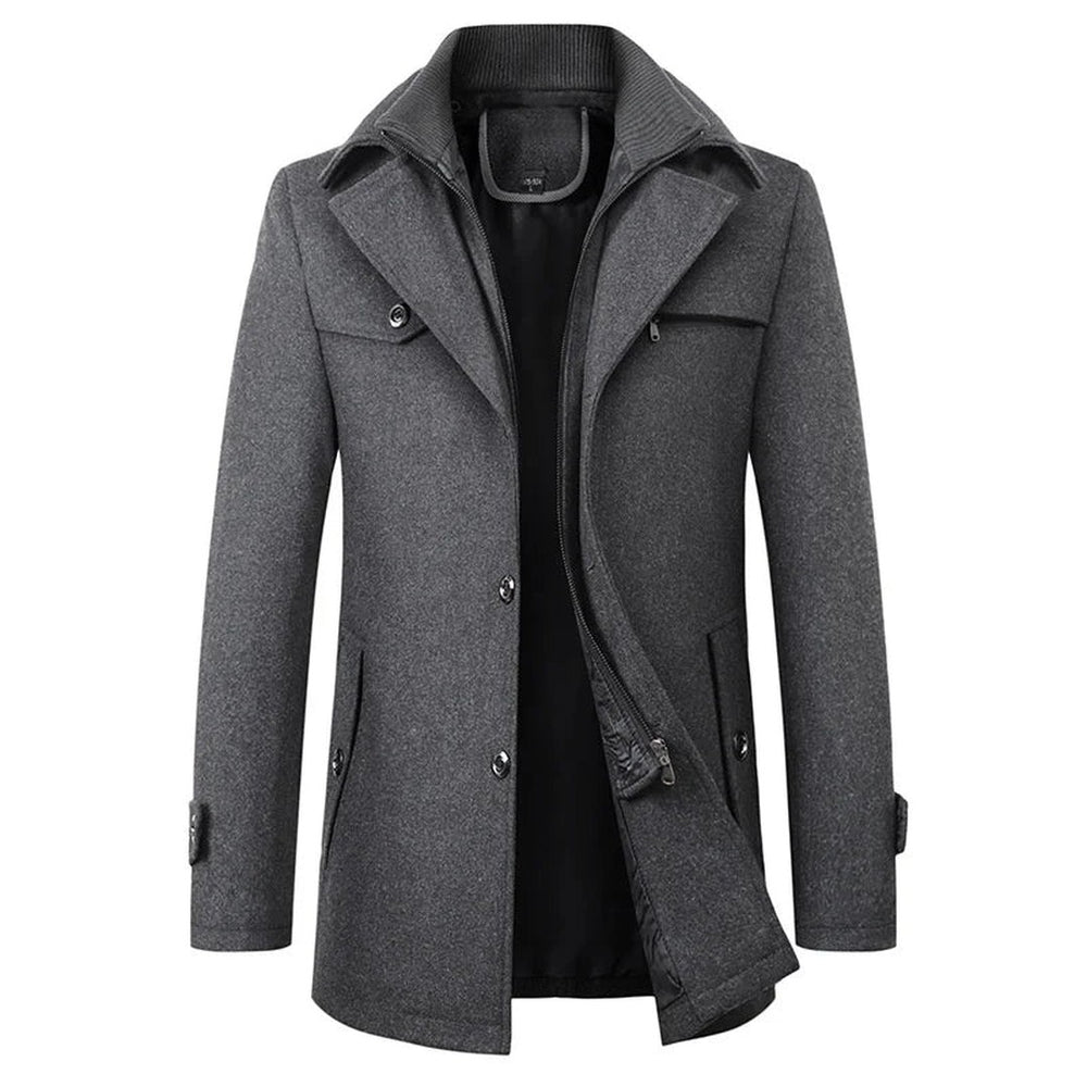 Wexcombe - Wool-Look Mid-Length Coat Double Collar Chest Zip Pocket Button Front