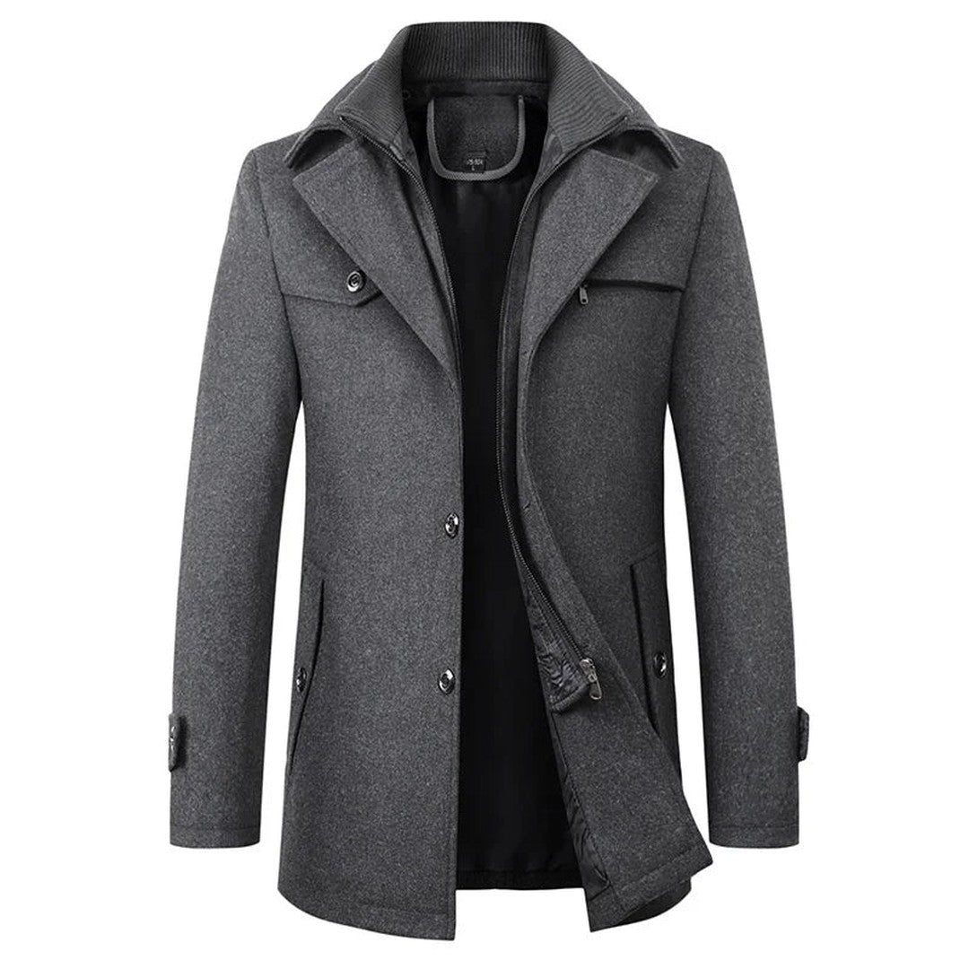Wexcombe - Wool-Look Mid-Length Coat Double Collar Chest Zip Pocket Button Front