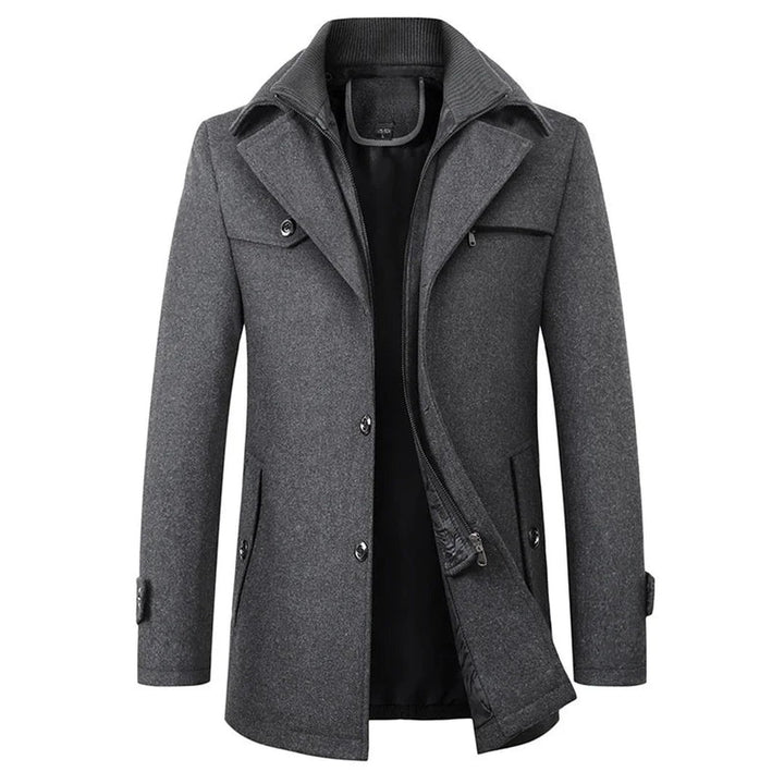 Wexcombe - Wool-Look Mid-Length Coat Double Collar Chest Zip Pocket Button Front