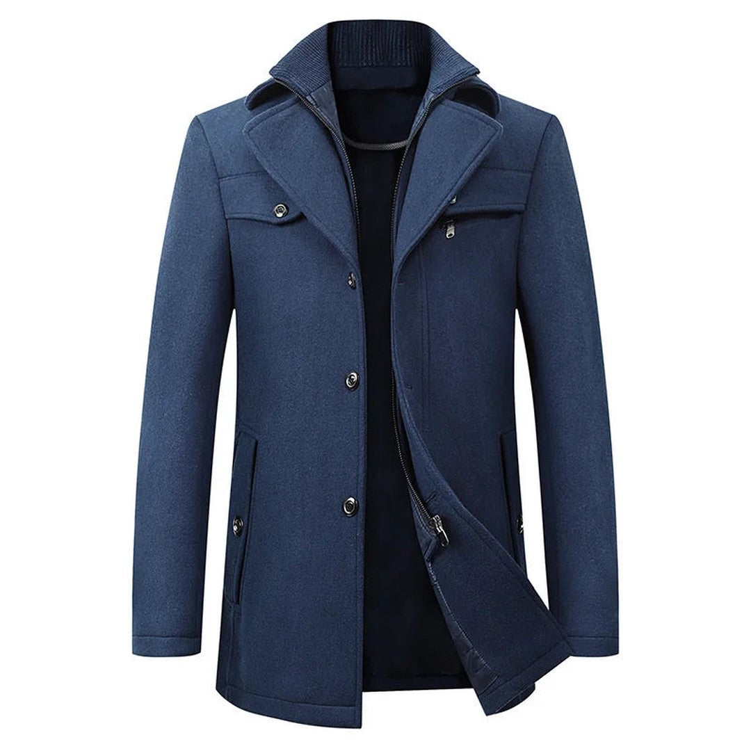 Wexcombe - Wool-Look Mid-Length Coat Double Collar Chest Zip Pocket Button Front