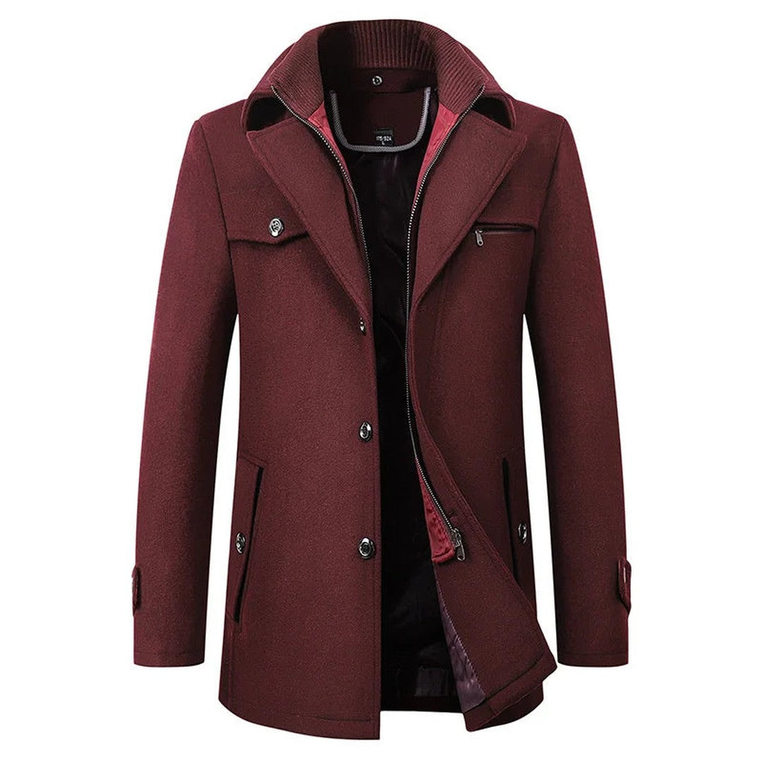 Wexcombe - Wool-Look Mid-Length Coat Double Collar Chest Zip Pocket Button Front