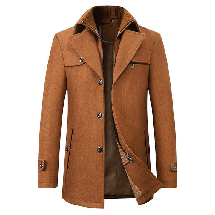 Wexcombe - Wool-Look Mid-Length Coat Double Collar Chest Zip Pocket Button Front