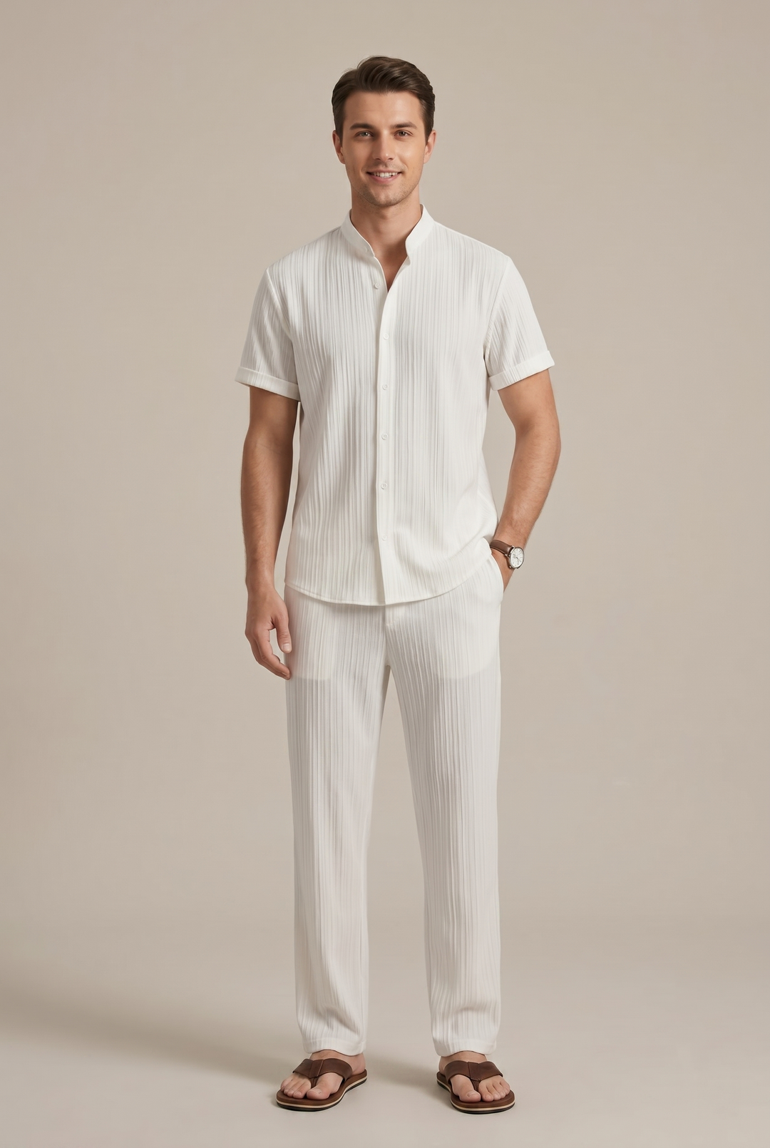 Striped Collared Shirt and Drawstring Trousers Set