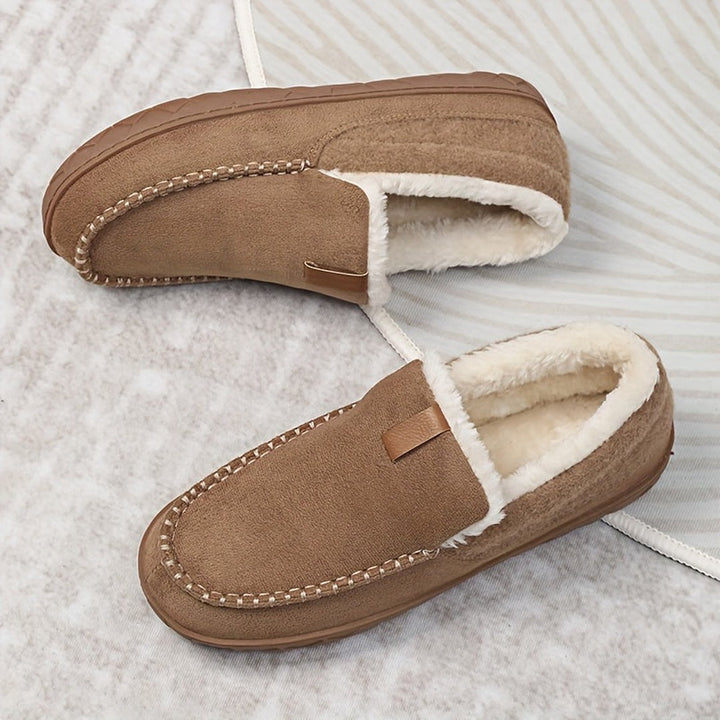 Wool-look lined loafer slipper shown in camel