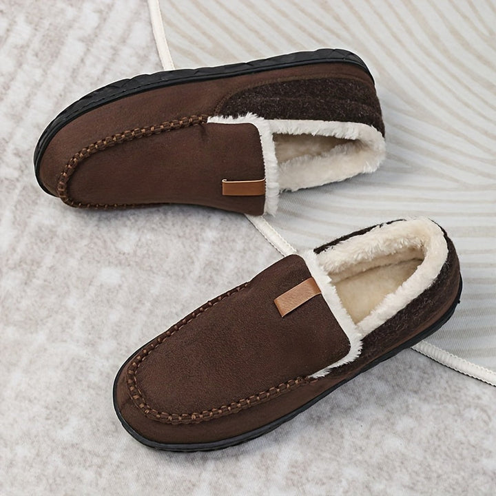 Wool-look lined loafer slipper shown in coffee brown