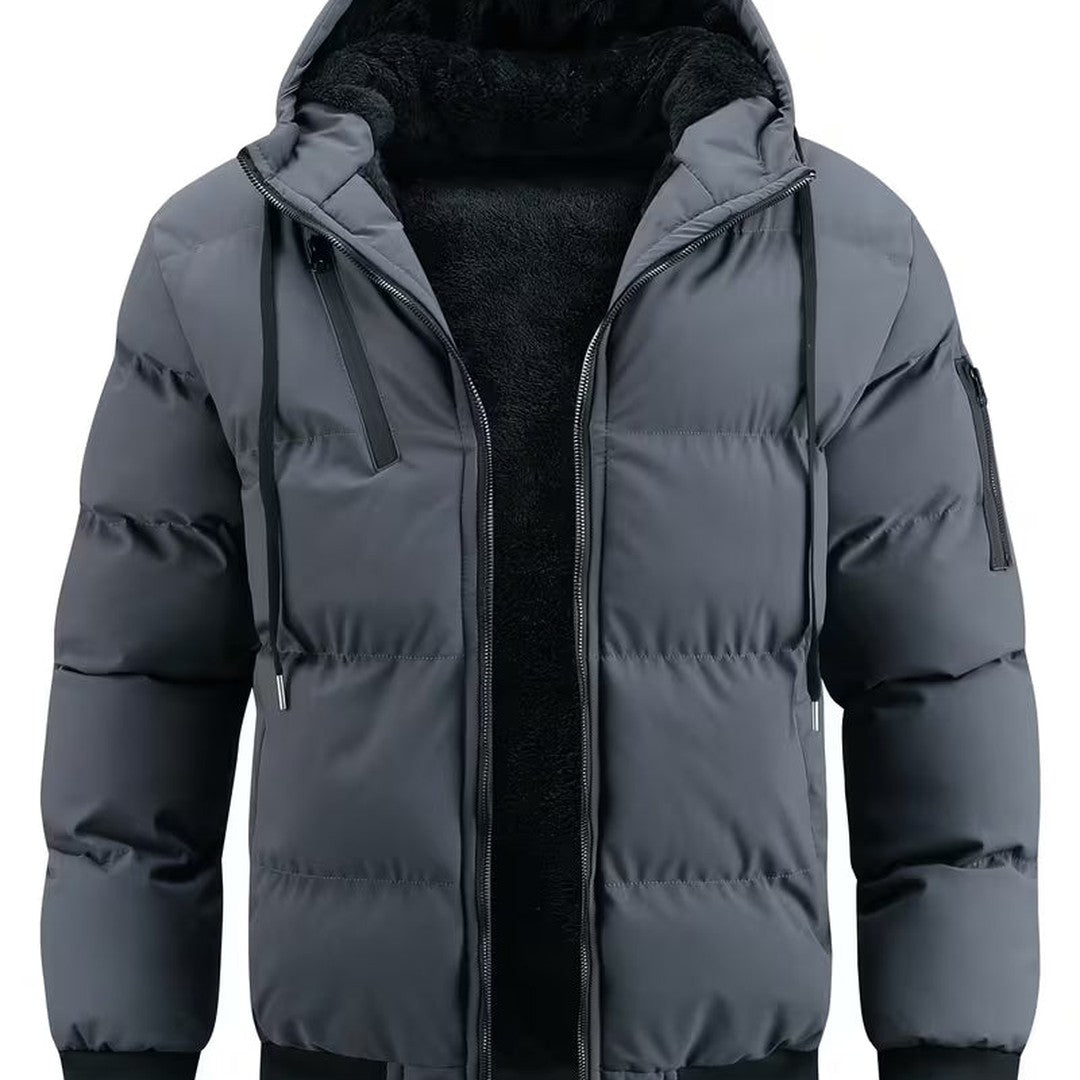 Wrenford - Hooded Puffer Bomber Jacket Fleece Lining Ribbed Hem Sleeve Zip Pocket